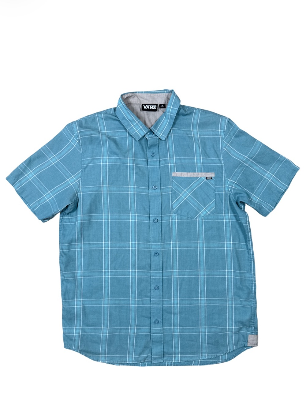 VANS Men’s Medium Blue Plaid Short Sleeve Button Up Shirt - Casual Cotton Blend